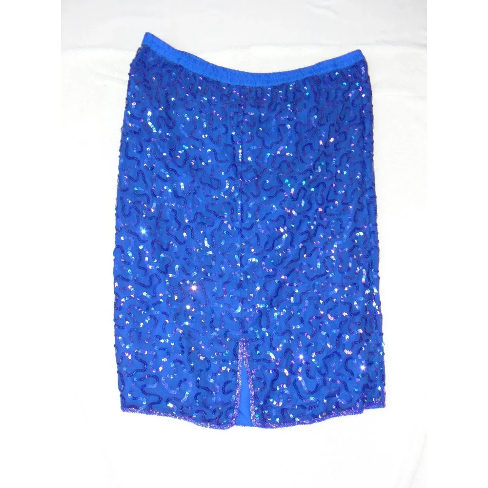 Stenay Vintage Royal Blue Silk Sequin Beaded 2-Piece Skirt Set Size 10 3978